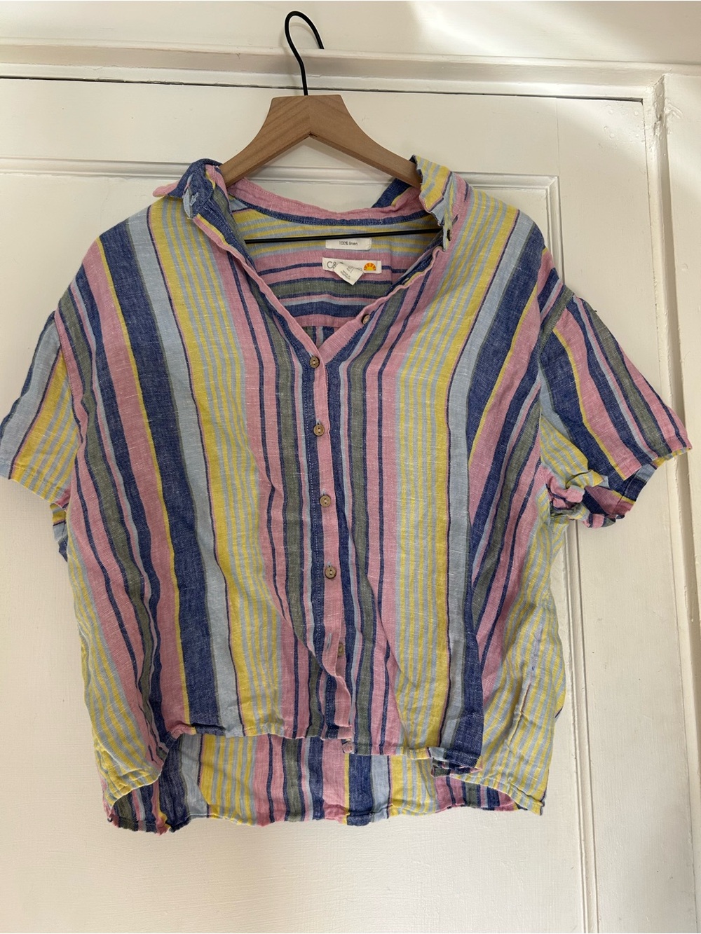 C&C California 100% Linen Striped Button Front Top